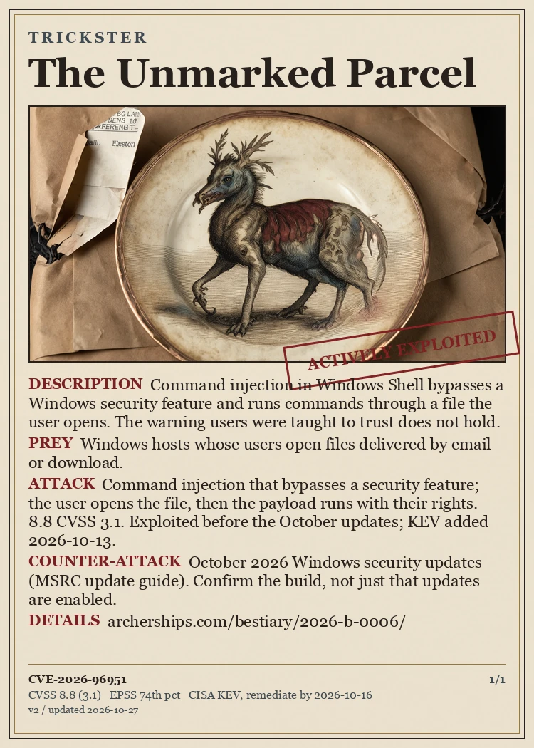 CVE Bestiary card: The Unmarked Parcel, TRICKSTER, CVE-2026-96951