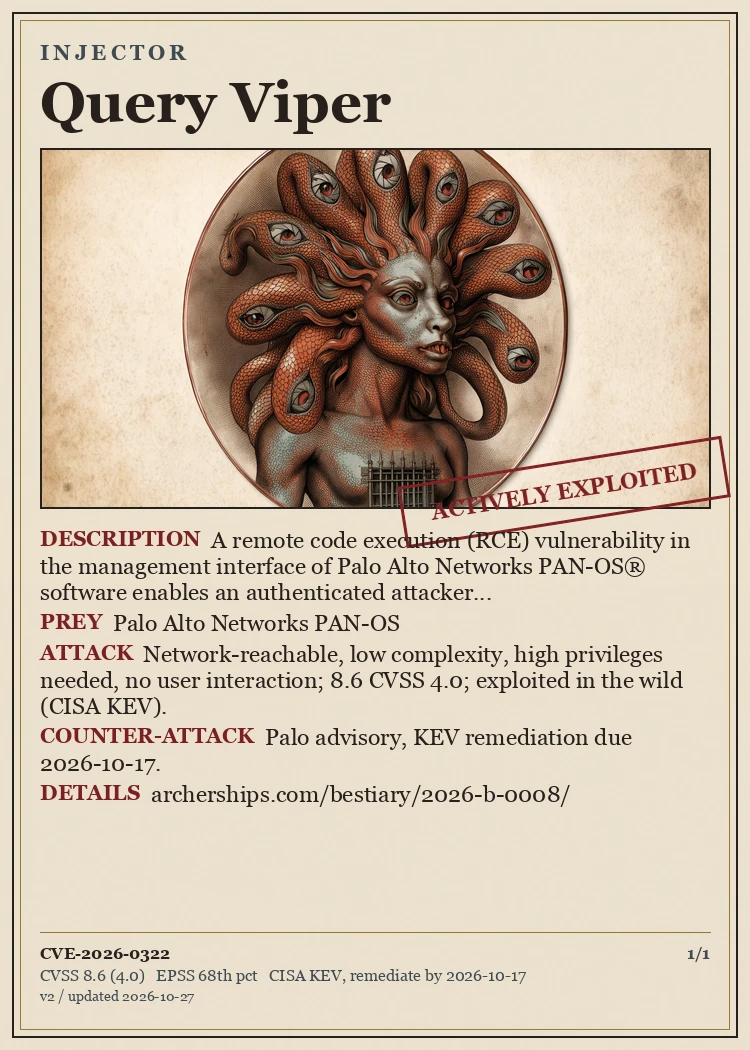 CVE Bestiary card: Query Viper, INJECTOR, CVE-2026-0322