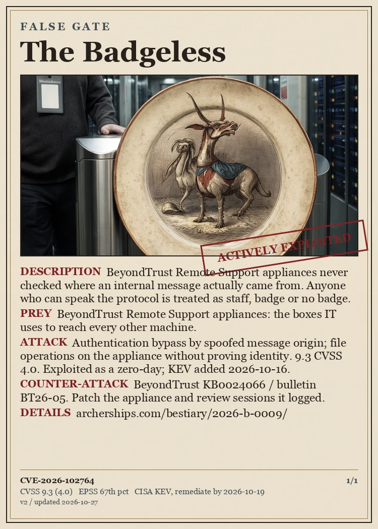 CVE Bestiary card: The Badgeless, FALSE GATE, CVE-2026-102764