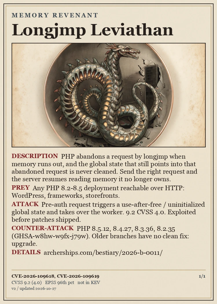 CVE Bestiary card: Longjmp Leviathan, MEMORY REVENANT, CVE-2026-109618