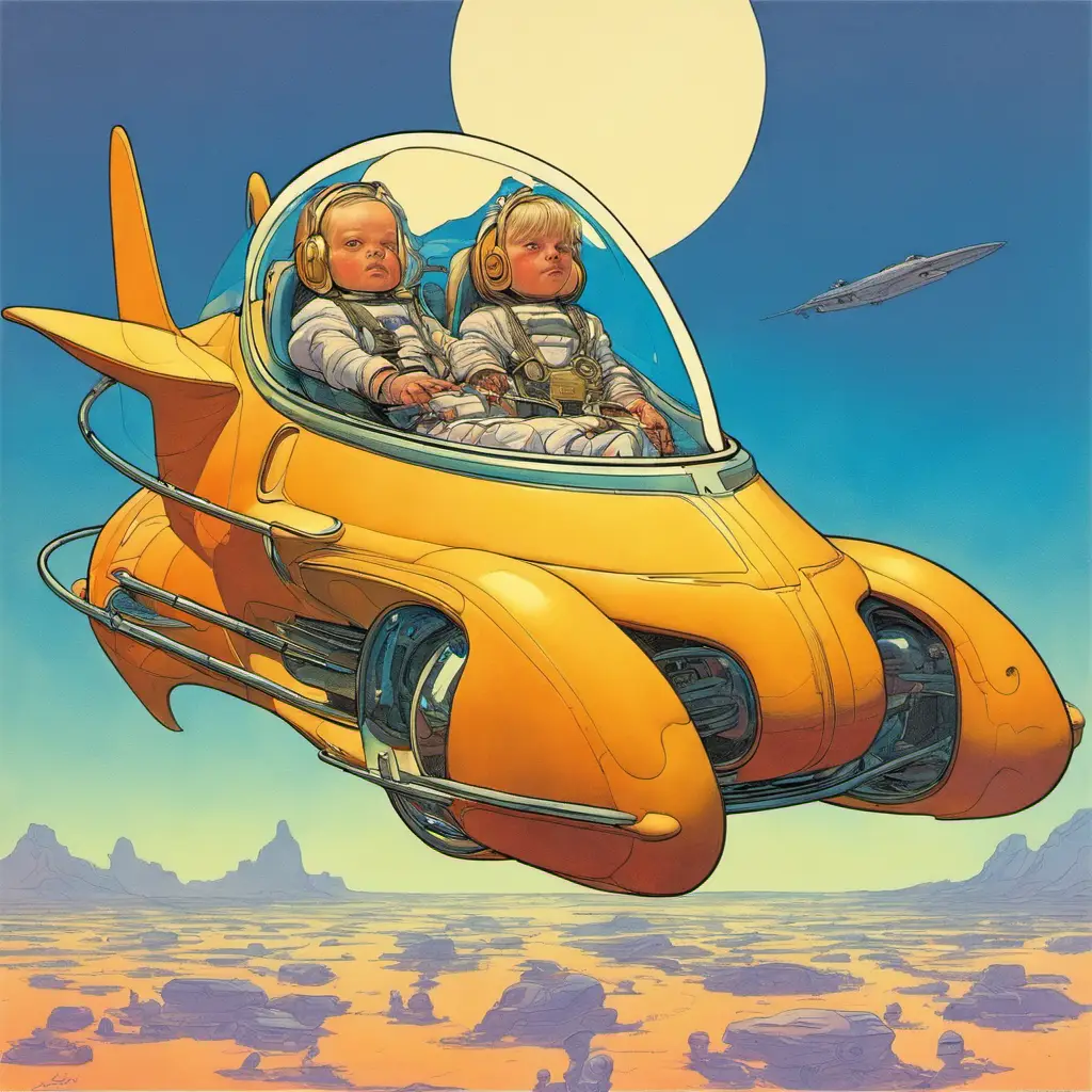 “spencer elden nirvana baby in a flying car retro-futurism moebius” on sdxl.akash.network