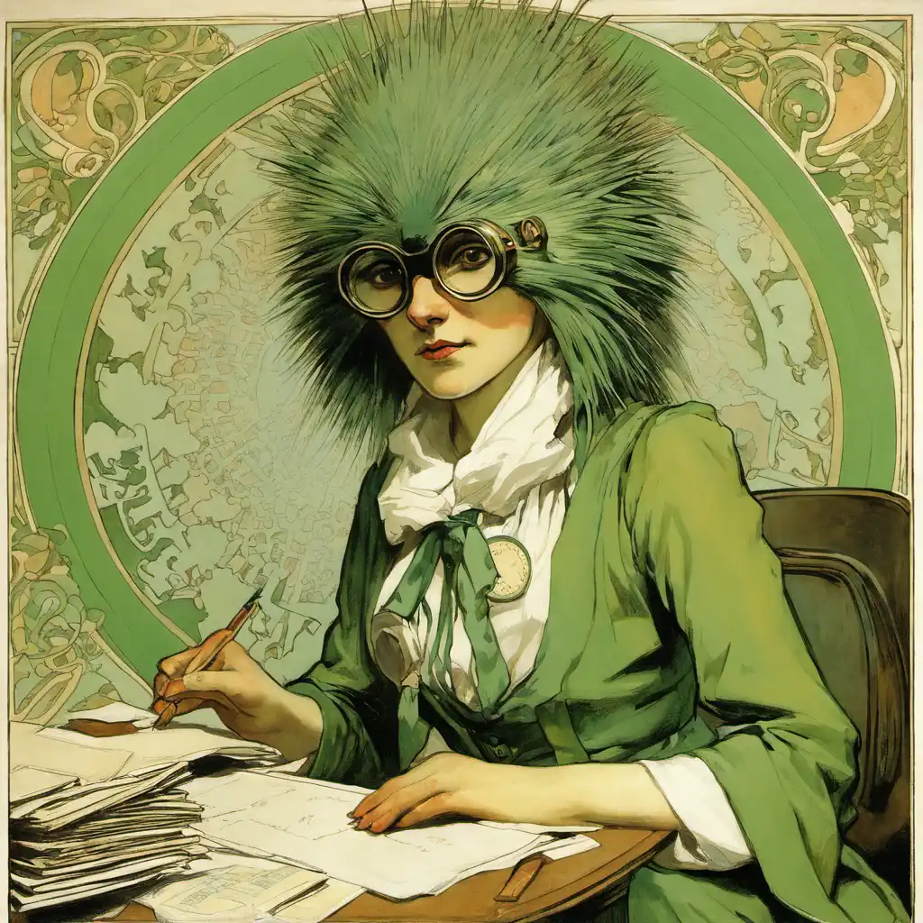“A female accountant in green eyeshades doing an anthropomorphic porcupines taxes alphonse mucha”