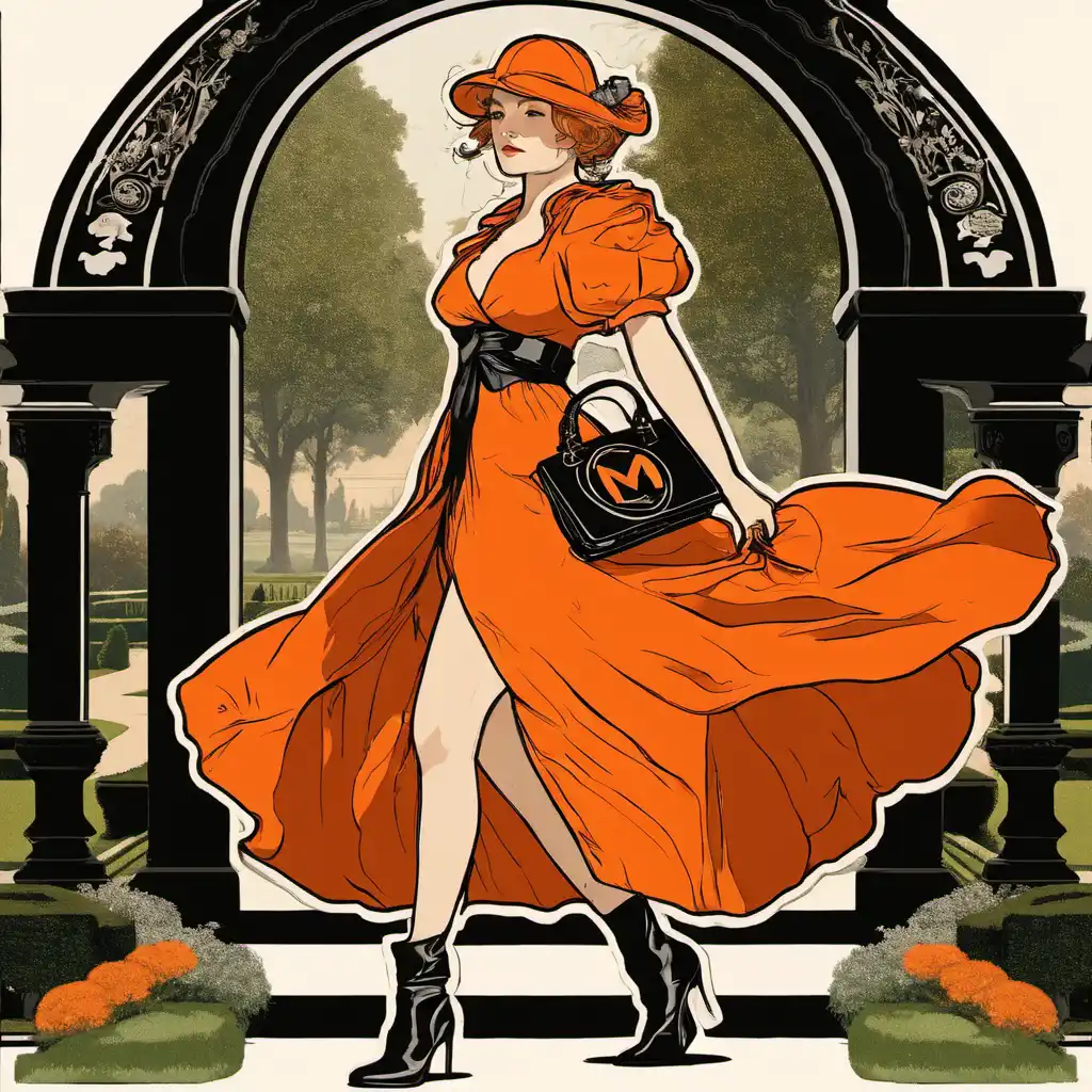 “high end escort dressed in orange and black walking through an English garden carrying a handbag with the Monero logo Alphonse mucha” on https://sdxl.akash.network/