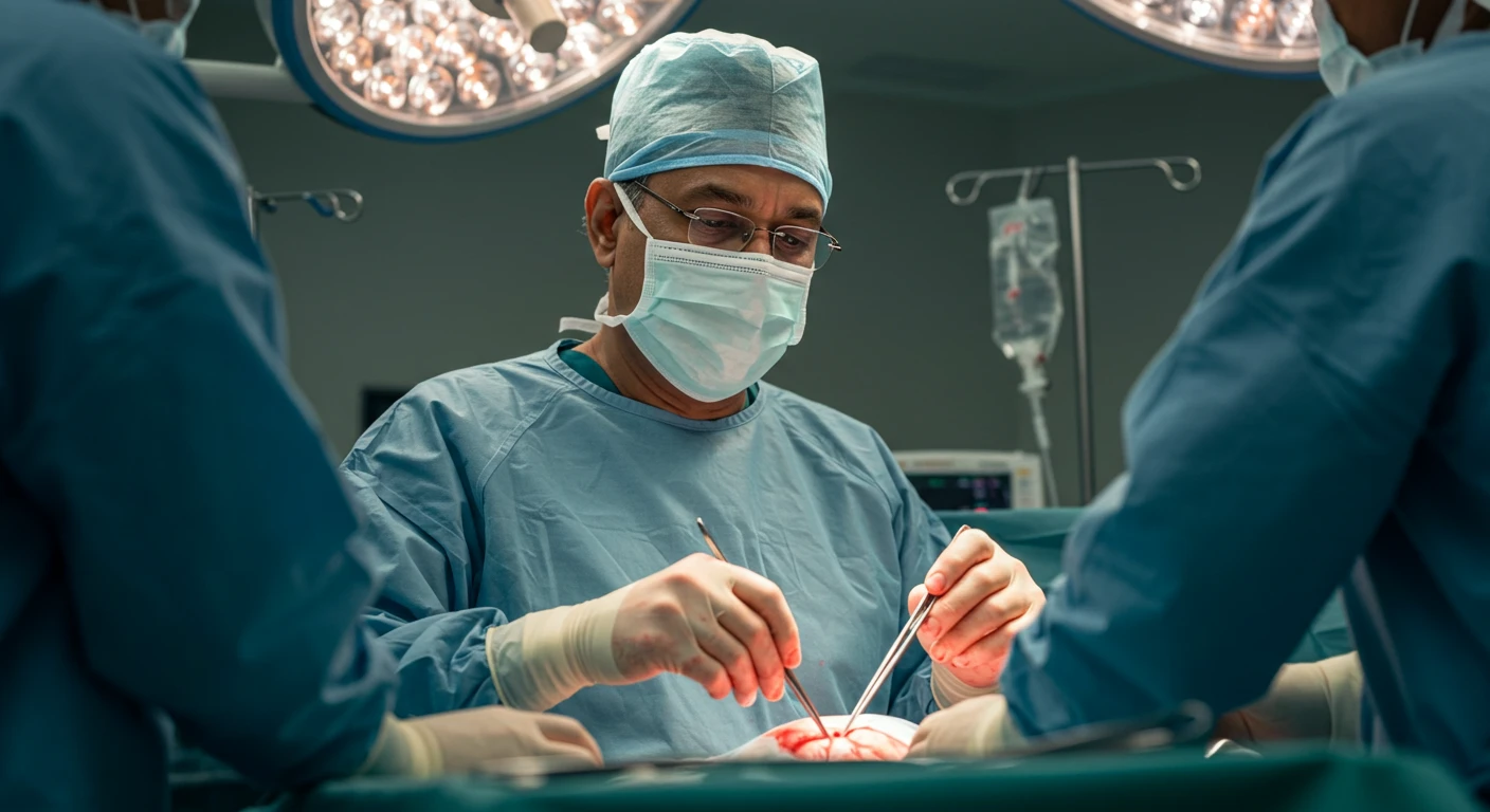 Surgeon performing an operation, illustrating Narayana Health’s high-volume, low-cost cardiac surgery model.
