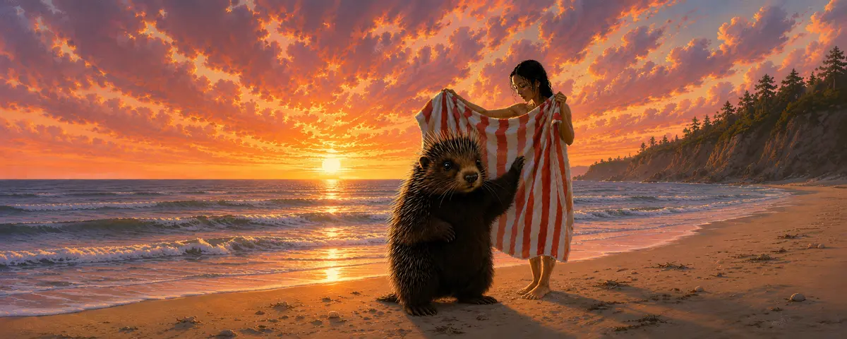 A woman at the water's edge at sunset holds out a striped beach towel toward a large upright porcupine on the sand. Dramatic orange and red clouds fill the sky over the ocean, with pine-covered cliffs to the right.