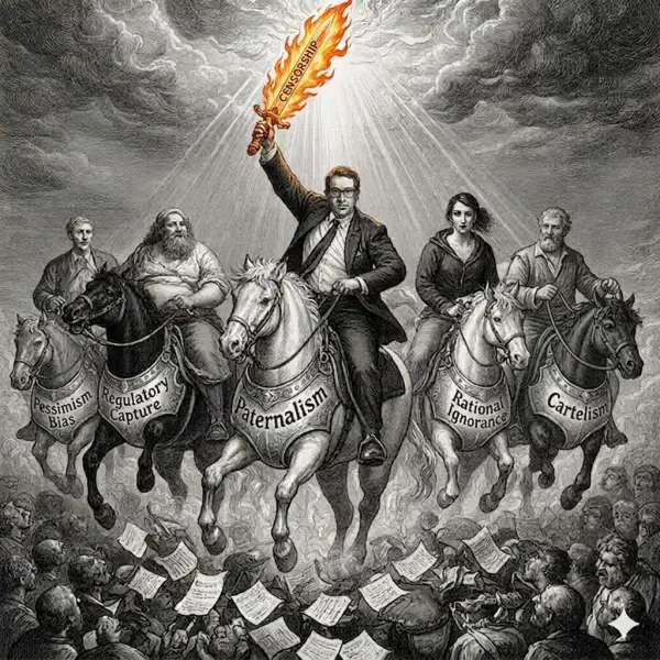 Five horsemen of the AI public choice apocalypse ride forward. The lead rider in a business suit brandishes a flaming sword labeled Censorship. Behind him follow four riders bearing banners: Pessimism Bias, Regulatory Capture, Paternalism, and Rational Ignorance.