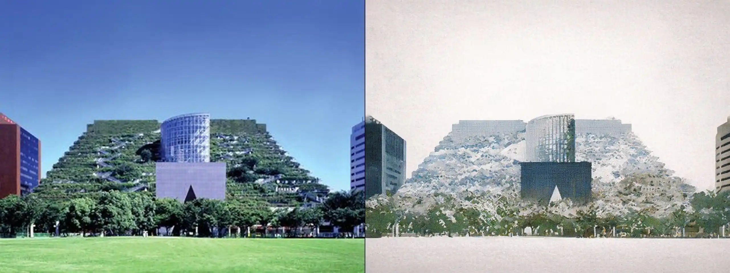 ACROS Fukuoka -- original photograph (left) vs concept illustration (right). Provider: Runware REST. Model: civitai:629880@1453489 (Moxie Flux1 DS) + controlNet runware:25@1 (canny) + IP-Adapter runware:56@4 w0.6. Cost: $0.0064. Prompt: Preserve exactly the terraced garden-covered building shown in the source photo: its position, proportions, composition, and setting. Do not add or remove structures, people, vehicles, or signage. Remove watermarks (such as "alamy"), but otherwise do not change any readable text. Redraw the source scene as an architectural draftsmanship illustration, pen and ink drawing with watercolor wash, fine technical line art, cross-hatching and stippling line shading, keep the same color palette but match with watercolor color fills with desaturated soft edge blooms, dynamic two-point perspective, soft white vignette framing on clean white paper background, highly detailed structural linework, storybook urban sketch aesthetic, high-key ambient lighting with minimal harsh cast shadows, shadows rendered as line hatching rather than dark color blocks, the sky a soft cerulean blue with light watercolor washes, not grey or stormy. Only the rendering style changes.