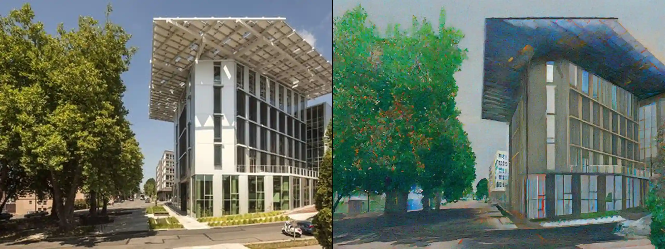 Bullitt Center -- original photograph (left) vs concept illustration (right). Provider: Runware REST. Model: civitai:629880@1453489 (Moxie Flux1 DS) + controlNet runware:25@1 (canny) + IP-Adapter runware:56@4 w0.6. Cost: $0.0058. Prompt: Preserve exactly the green office building shown in the source photo: its position, proportions, composition, and setting. Do not add or remove structures, people, vehicles, or signage. Remove watermarks (such as "alamy"), but otherwise do not change any readable text. Redraw the source scene as an architectural draftsmanship illustration, pen and ink drawing with watercolor wash, fine technical line art, cross-hatching and stippling line shading, keep the same color palette but match with watercolor color fills with desaturated soft edge blooms, dynamic two-point perspective, soft white vignette framing on clean white paper background, highly detailed structural linework, storybook urban sketch aesthetic, high-key ambient lighting with minimal harsh cast shadows, shadows rendered as line hatching rather than dark color blocks, the sky a soft cerulean blue with light watercolor washes, not grey or stormy. Only the rendering style changes.