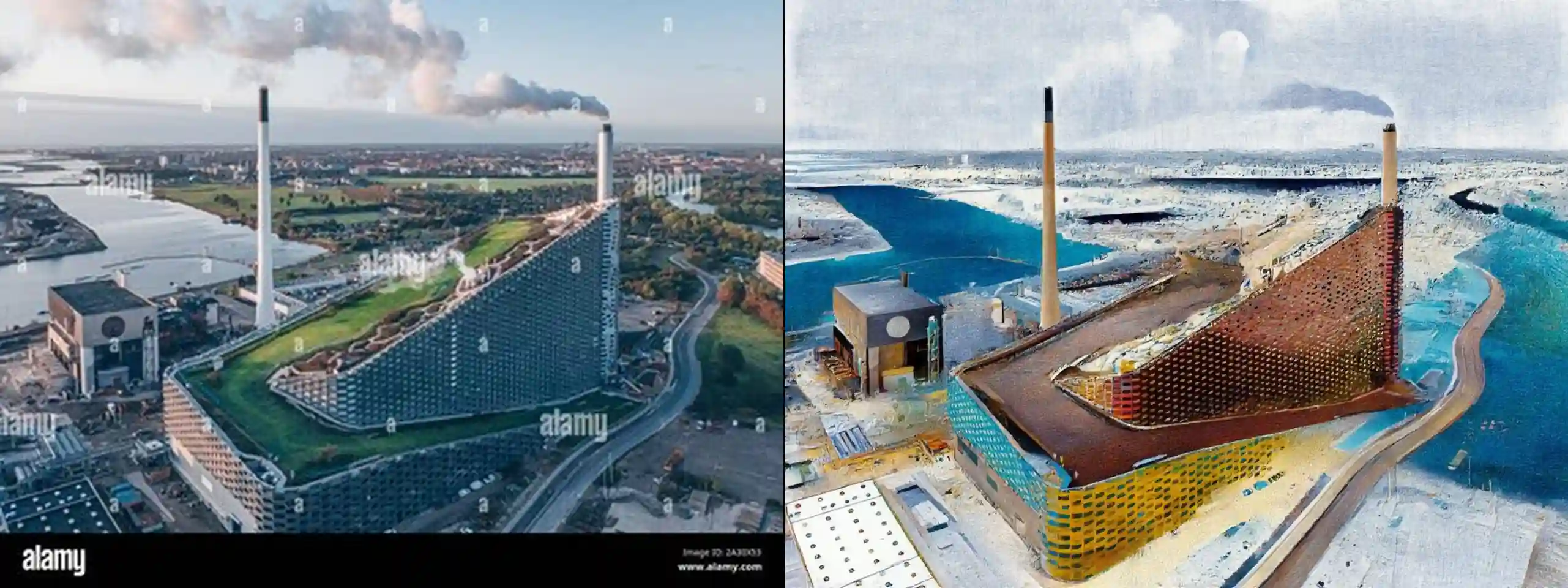 CopenHill Amager Bakke -- original photograph (left) vs concept illustration (right). Provider: Runware REST. Model: civitai:629880@1453489 (Moxie Flux1 DS) + controlNet runware:25@1 (canny) + IP-Adapter runware:56@4 w0.6. Cost: $0.05455. Prompt: Preserve exactly the waste-to-energy plant with a ski slope on its roof shown in the source photo: its position, proportions, composition, and setting. Do not add or remove structures, people, vehicles, or signage. Remove watermarks (such as "alamy"), but otherwise do not change any readable text. Redraw the source scene as an architectural draftsmanship illustration, pen and ink drawing with watercolor wash, fine technical line art, cross-hatching and stippling line shading, keep the same color palette but match with watercolor color fills with desaturated soft edge blooms, dynamic two-point perspective, soft white vignette framing on clean white paper background, highly detailed structural linework, storybook urban sketch aesthetic, high-key ambient lighting with minimal harsh cast shadows, shadows rendered as line hatching rather than dark color blocks, the sky a soft cerulean blue with light watercolor washes, not grey or stormy. Only the rendering style changes.