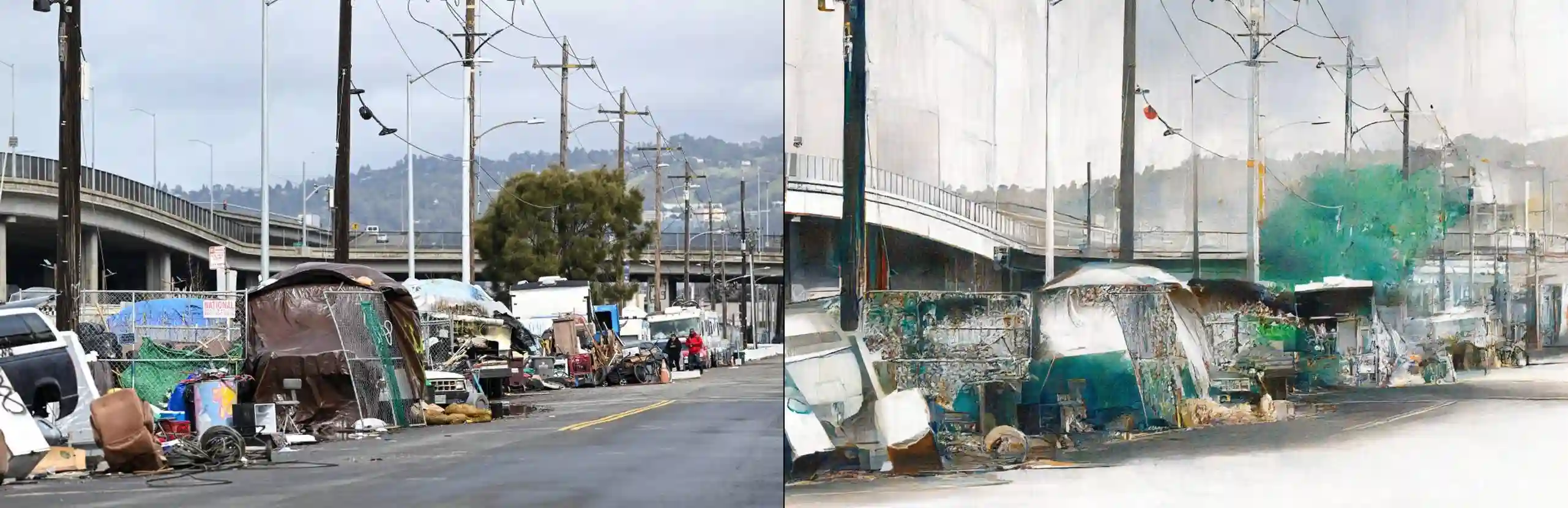 Homeless tent encampment -- original photograph (left) vs concept illustration (right). Provider: Runware REST. Model: civitai:629880@1453489 (Moxie Flux1 DS) + controlNet runware:25@1 (canny) + IP-Adapter runware:56@4 w0.6. Cost: $0.0058. Prompt: Preserve exactly the tent encampment on an urban sidewalk shown in the source photo: its position, proportions, composition, and setting. Do not add or remove structures, people, vehicles, or signage. Remove watermarks (such as "alamy"), but otherwise do not change any readable text. Redraw the source scene as an architectural draftsmanship illustration, pen and ink drawing with watercolor wash, fine technical line art, cross-hatching and stippling line shading, keep the same color palette but match with watercolor color fills with desaturated soft edge blooms, dynamic two-point perspective, soft white vignette framing on clean white paper background, highly detailed structural linework, storybook urban sketch aesthetic, high-key ambient lighting with minimal harsh cast shadows, shadows rendered as line hatching rather than dark color blocks, the sky a soft cerulean blue with light watercolor washes, not grey or stormy. Only the rendering style changes.