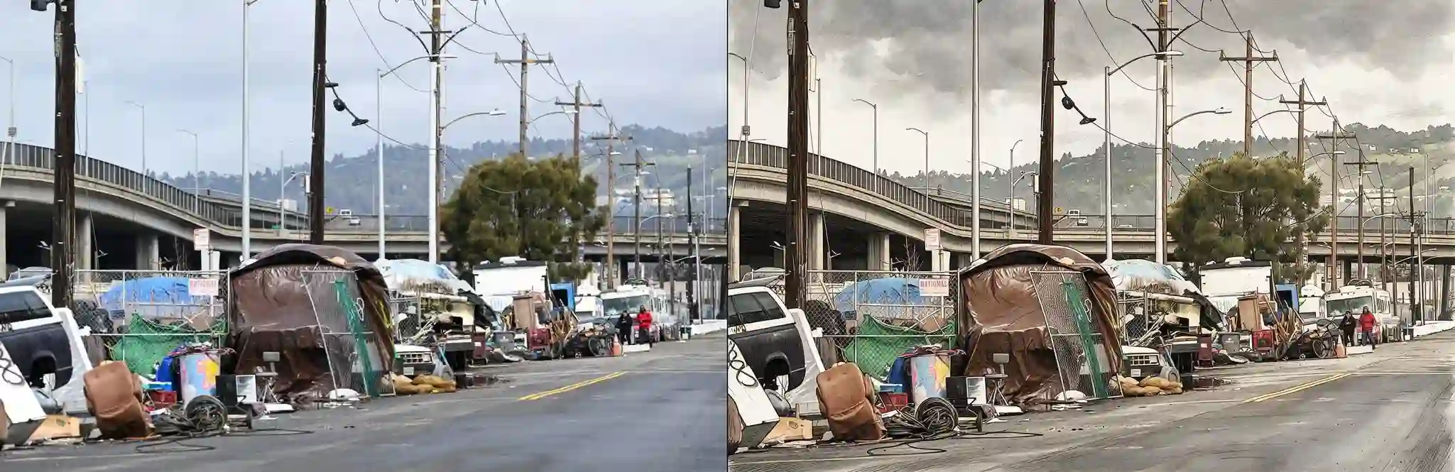 Homeless tent -- original photograph (left) vs hero-style illustration (right)