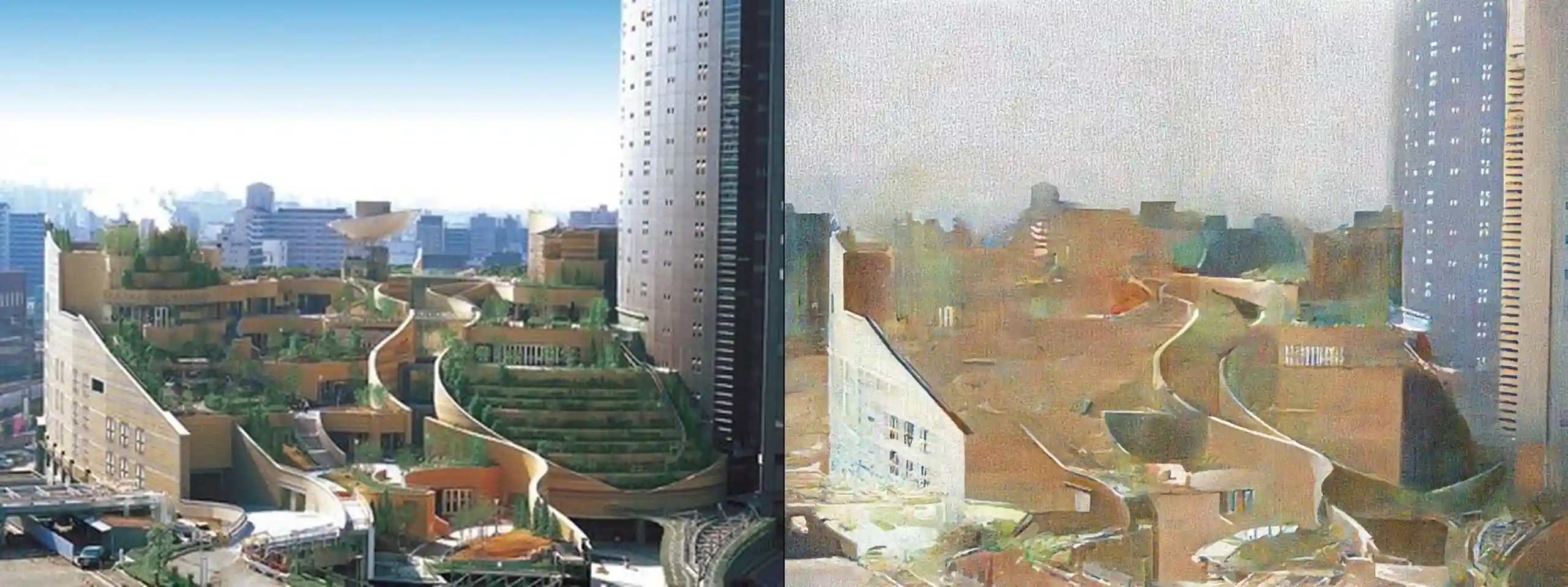 Namba Parks -- original photograph (left) vs concept illustration (right). Provider: Runware REST. Model: civitai:629880@1453489 (Moxie Flux1 DS) + controlNet runware:25@1 (canny) + IP-Adapter runware:56@4 w0.6. Cost: $0.0058. Prompt: Preserve exactly the terraced rooftop-garden shopping center building shown in the source photo: its position, proportions, composition, and setting. Do not add or remove structures, people, vehicles, or signage. Remove watermarks (such as "alamy"), but otherwise do not change any readable text. Redraw the source scene as an architectural draftsmanship illustration, pen and ink drawing with watercolor wash, fine technical line art, cross-hatching and stippling line shading, keep the same color palette but match with watercolor color fills with desaturated soft edge blooms, dynamic two-point perspective, soft white vignette framing on clean white paper background, highly detailed structural linework, storybook urban sketch aesthetic, high-key ambient lighting with minimal harsh cast shadows, shadows rendered as line hatching rather than dark color blocks, the sky a soft cerulean blue with light watercolor washes, not grey or stormy. Only the rendering style changes.