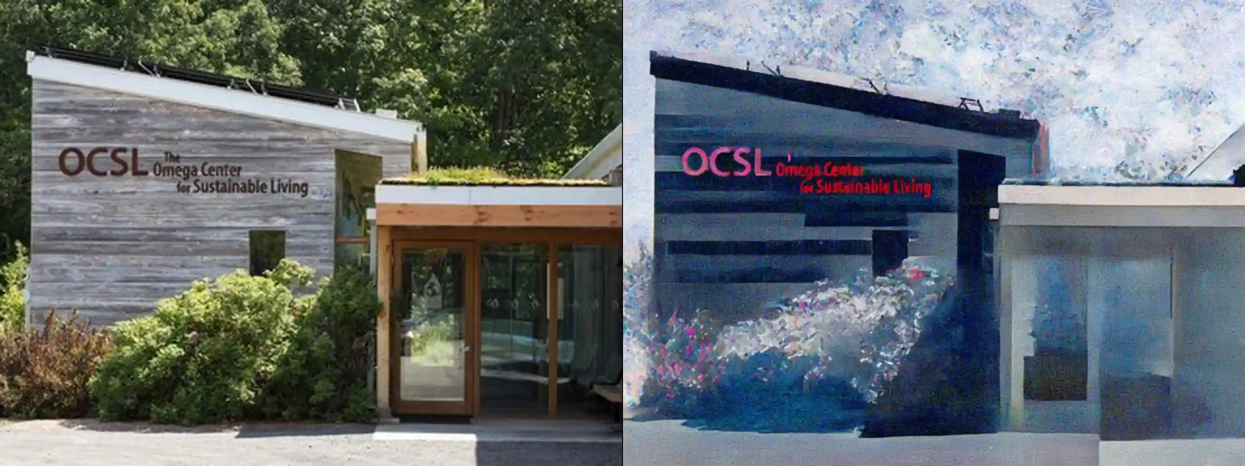 Omega Center for Sustainable Living -- original photograph (left) vs concept illustration (right). Provider: Runware REST. Model: civitai:629880@1453489 (Moxie Flux1 DS) + controlNet runware:25@1 (canny) + IP-Adapter runware:56@4 w0.6. Cost: $0.0058. Prompt: Preserve exactly the sustainable living building covered in plants shown in the source photo: its position, proportions, composition, and setting. Do not add or remove structures, people, vehicles, or signage. Remove watermarks (such as "alamy"), but otherwise do not change any readable text. Redraw the source scene as an architectural draftsmanship illustration, pen and ink drawing with watercolor wash, fine technical line art, cross-hatching and stippling line shading, keep the same color palette but match with watercolor color fills with desaturated soft edge blooms, dynamic two-point perspective, soft white vignette framing on clean white paper background, highly detailed structural linework, storybook urban sketch aesthetic, high-key ambient lighting with minimal harsh cast shadows, shadows rendered as line hatching rather than dark color blocks, the sky a soft cerulean blue with light watercolor washes, not grey or stormy. Only the rendering style changes.