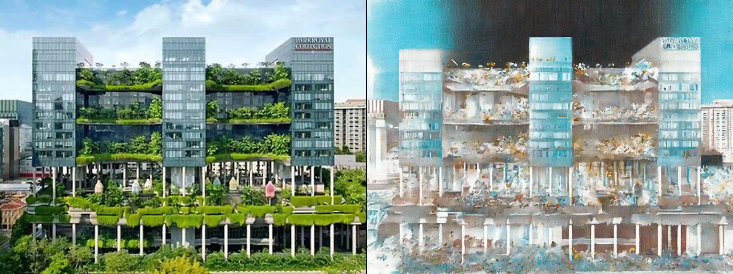 Parkroyal Pickering -- original photograph (left) vs concept illustration (right). Provider: Runware REST. Model: civitai:629880@1453489 (Moxie Flux1 DS) + controlNet runware:25@1 (canny) + IP-Adapter runware:56@4 w0.6. Cost: $0.0064. Prompt: Preserve exactly the terraced hotel building with lush hanging gardens shown in the source photo: its position, proportions, composition, and setting. Do not add or remove structures, people, vehicles, or signage. Remove watermarks (such as "alamy"), but otherwise do not change any readable text. Redraw the source scene as an architectural draftsmanship illustration, pen and ink drawing with watercolor wash, fine technical line art, cross-hatching and stippling line shading, keep the same color palette but match with watercolor color fills with desaturated soft edge blooms, dynamic two-point perspective, soft white vignette framing on clean white paper background, highly detailed structural linework, storybook urban sketch aesthetic, high-key ambient lighting with minimal harsh cast shadows, shadows rendered as line hatching rather than dark color blocks, the sky a soft cerulean blue with light watercolor washes, not grey or stormy. Only the rendering style changes.