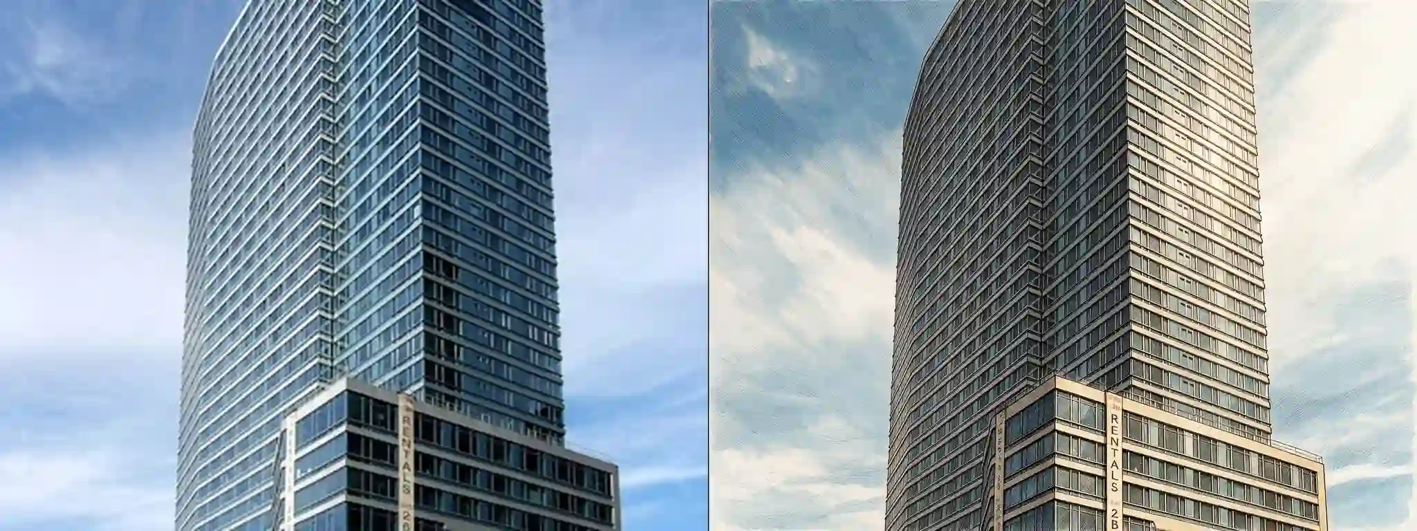 The Helena, NYC -- original photograph (left) vs hero-style illustration (right)
