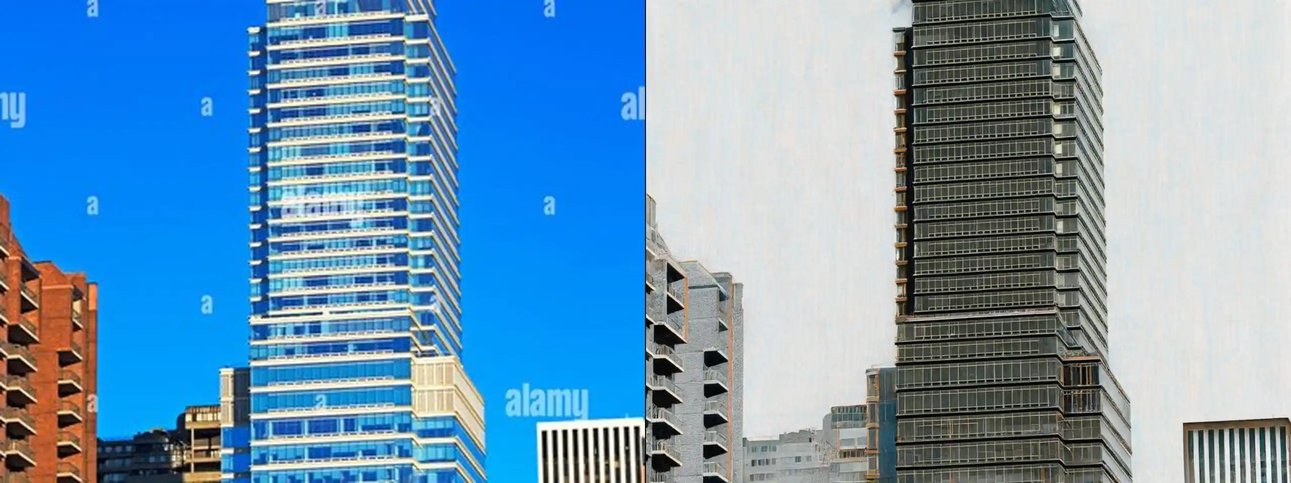 Vertical Education tower -- original photograph (left) vs concept illustration (right). Provider: Runware REST. Model: civitai:629880@1453489 (Moxie Flux1 DS) + controlNet runware:25@1 (canny) + IP-Adapter runware:56@4 w0.6. Cost: $0.05395. Prompt: Preserve exactly the tall residential building in the city shown in the source photo: its position, proportions, composition, and setting. Do not add or remove structures, people, vehicles, or signage. Remove watermarks (such as "alamy"), but otherwise do not change any readable text. Redraw the source scene as an architectural draftsmanship illustration, pen and ink drawing with watercolor wash, fine technical line art, cross-hatching and stippling line shading, keep the same color palette but match with watercolor color fills with desaturated soft edge blooms, dynamic two-point perspective, soft white vignette framing on clean white paper background, highly detailed structural linework, storybook urban sketch aesthetic, high-key ambient lighting with minimal harsh cast shadows, shadows rendered as line hatching rather than dark color blocks, the sky a soft cerulean blue with light watercolor washes, not grey or stormy. Only the rendering style changes.