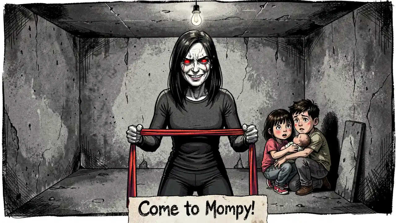 V1 -- text-to-image -- Baseline text-to-image. Composition right (3 kids), photographic style, band reads as a scarf, caption 'Mompy'. -- Baseline text-to-image. Composition right (3 kids), photographic style, band reads as a scarf, caption 'Mompy'.