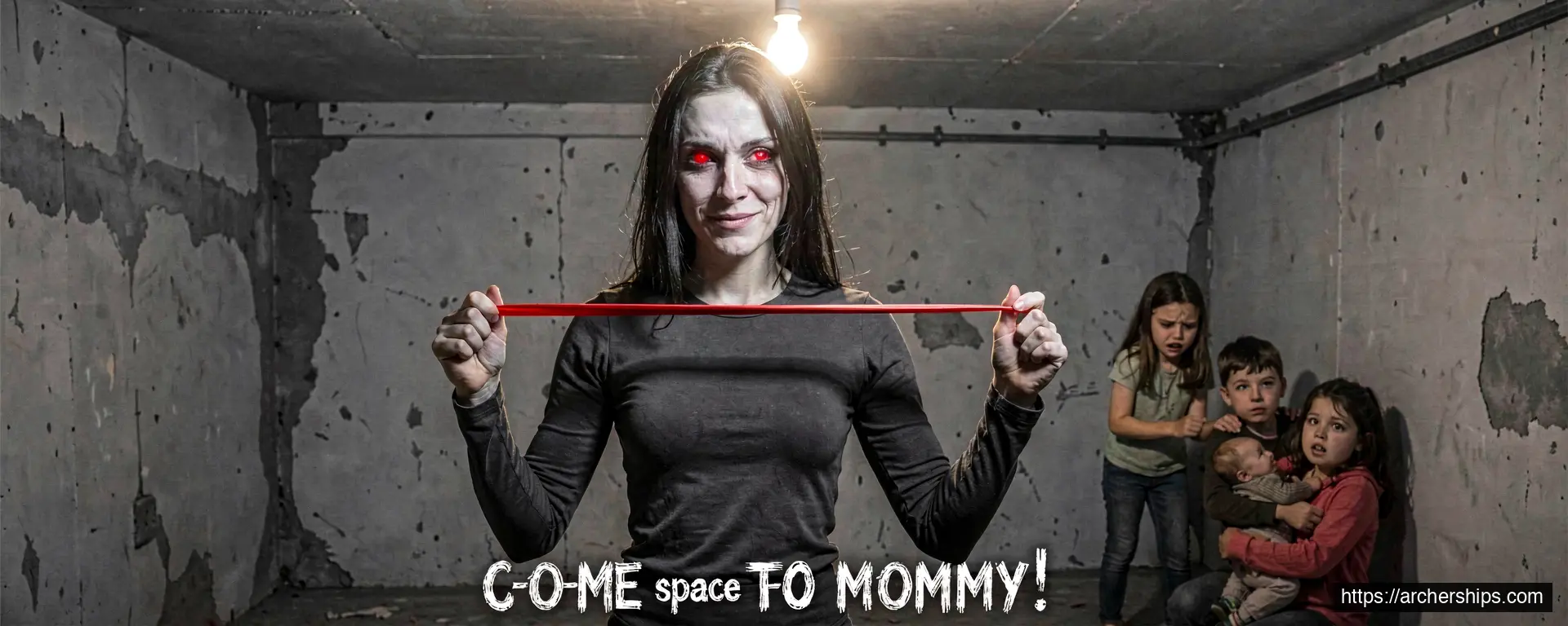 V2 -- gen-hero (McKean refs) -- ghe process followed. Band ok-ish but small, 4 children, caption 'C-O-ME space TO MOMMY!', watermark, style still photographic. -- ghe process followed. Band ok-ish but small, 4 children, caption 'C-O-ME space TO MOMMY!', watermark, style still photographic.