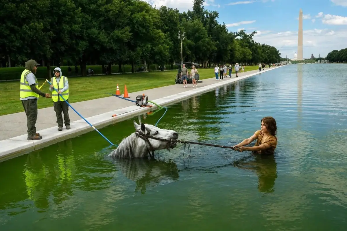 An AI-generated photo of a woman standing chest-deep in the Lincoln Memorial Reflecting Pool in Washington D.C., gripping the reins of a white horse that is submerged up to its head. Two maintenance workers in yellow safety vests stand on the walkway holding hoses and tools, unbothered, while pedestrians stroll past in the background. The Washington Monument is visible in the distance.