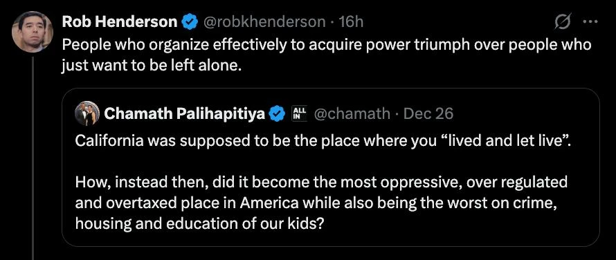 This is the fundamental asymmetry of incentives that libertarians have to solve if we want to be left alone.