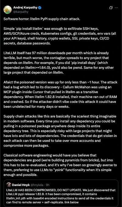An attacker successfully implemented a supply chain attack on the popular LiteLLM app: 

