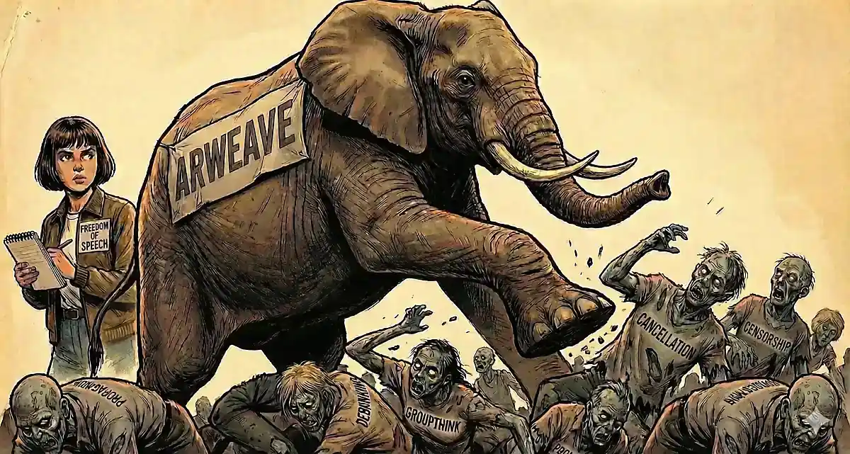 Arweave mascot Winston stomping zombies of censorship