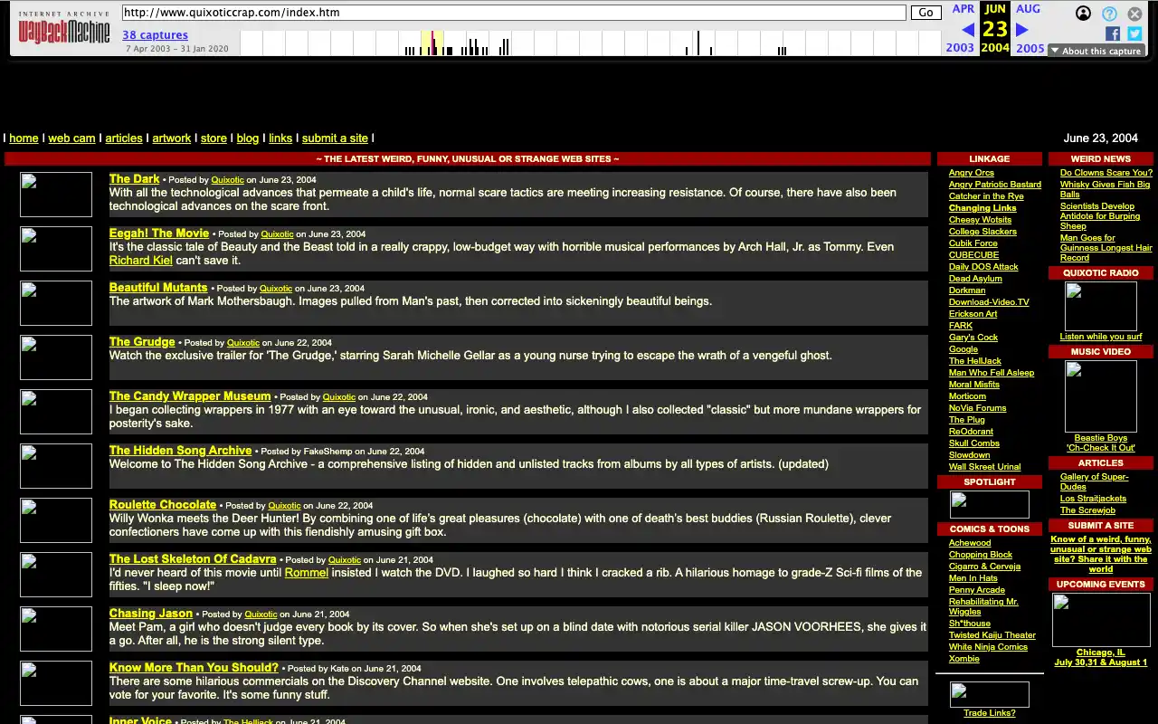 Quixotic Crap - It's The Smell That Won't Wash Off Your Hands. Weird, unusual, strange and funny web sites and links. — archived 20040623